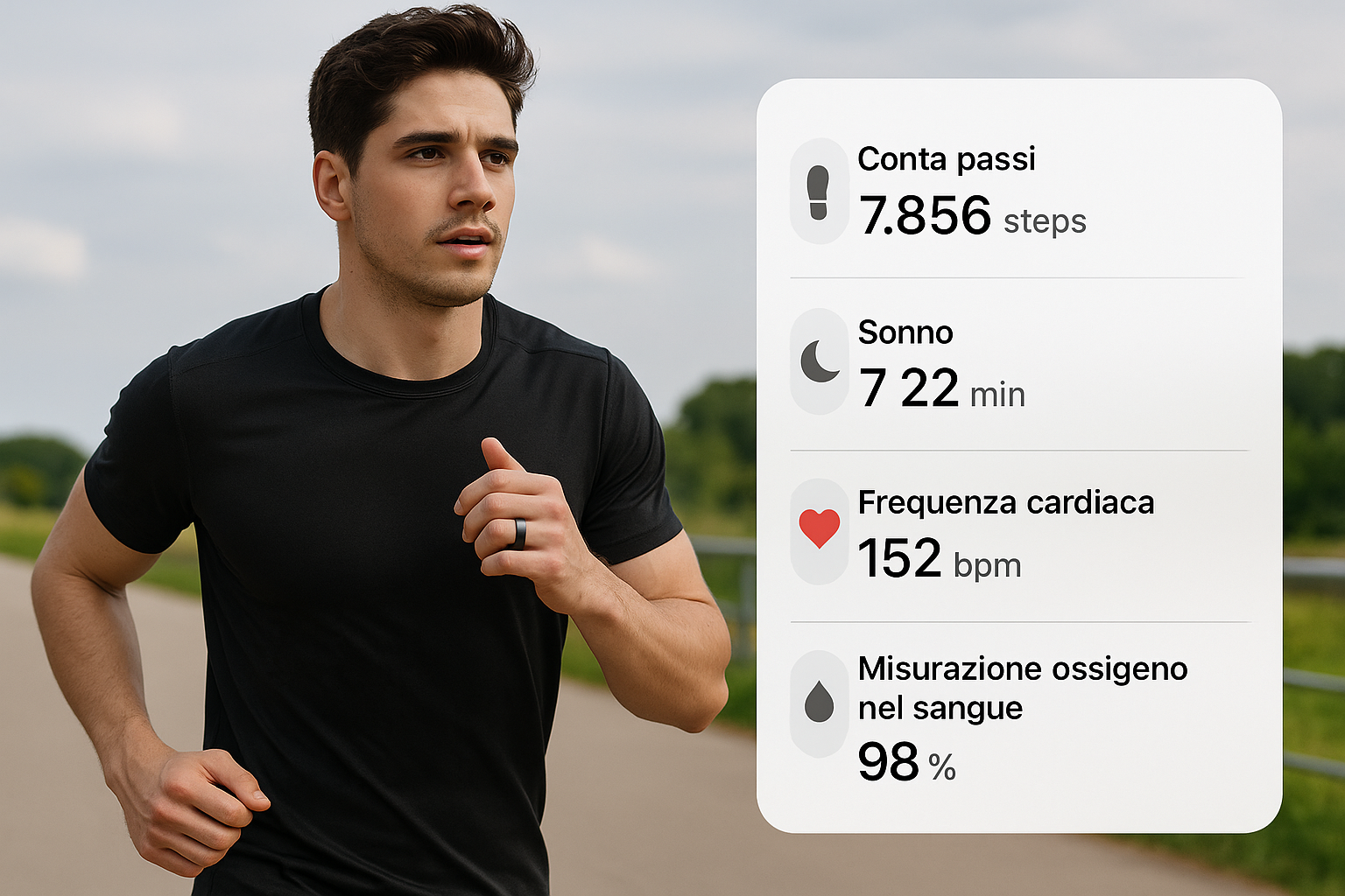LA TABELLA DEVE RIPORTARE CONTA PASSI,SONNO FREQUENZA CARDIACA,MISURAZIONE OSSIGENO NEL SANGUE